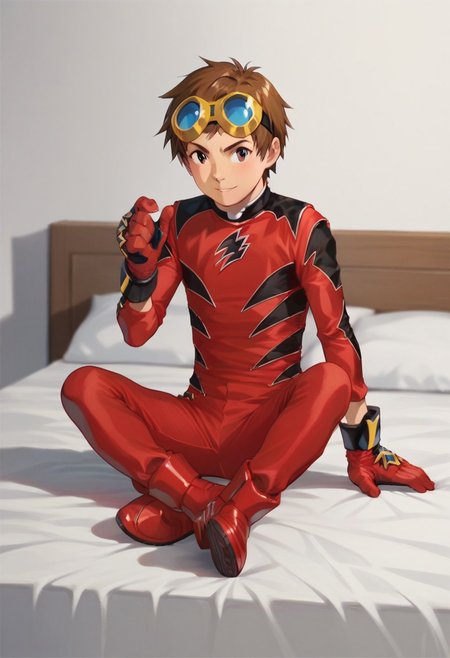 score_9, score_8_up, score_7_up, zPDXL2, 
1boy, solo, goggles on head, brown hair, 
,sitting on bed,
geki red, red bodysuit, black markings,   red gloves, red boots,