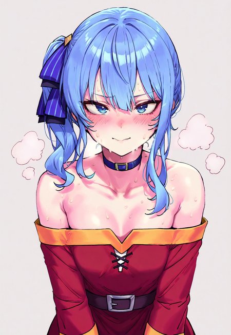 safe_pos, <lora:spo_sdxl_10ep_4k-data_lora_webui:1>,
freng, ramanda, modare, mochirong,
1girl, hoshimachi suisei, hololive, cosplaying as megumin, blue hair, blue eyes, red dress, solo, simple background, horny expression, red faced, shy expression, steamy, sweaty,
(masterpiece, best quality, very aesthetic), absurdres, detailed, beautiful color, amazing quality,
