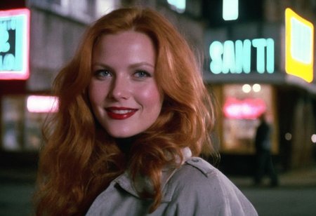CinematicPortrait woman analog photo ginger (smile slavic )  masterpiece outdoors, (glossy dark lipstick), detailed sharp grey eyes, (nighttime shop neon sign), soft focus, depth of field, film grain, (((looking at viewer))) <lora:CinematicPortraitXL_v3:0.25>  <lora:EuroBabe-v4-XL:0.35>