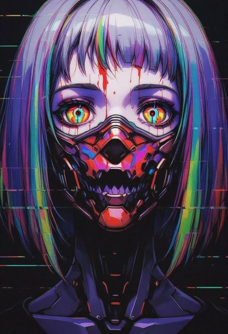 GLTST, Glitch, , 1girl, solo, multicolored eyes, bangs, looking at viewer, portrait, cyberpunk, mouth mask, short hair, mask, blood