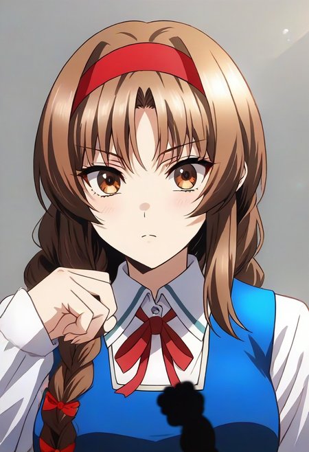 best quality, 4k, rating_safe, very aesthetic, source_anime,1girl, <lora:Takao:0.9>,takao,brown hair,brown eyes,long hair,single braid,red hairband,neck ribbon,white shirt,long sleeves,blue vest,gray skirt,school uniform,