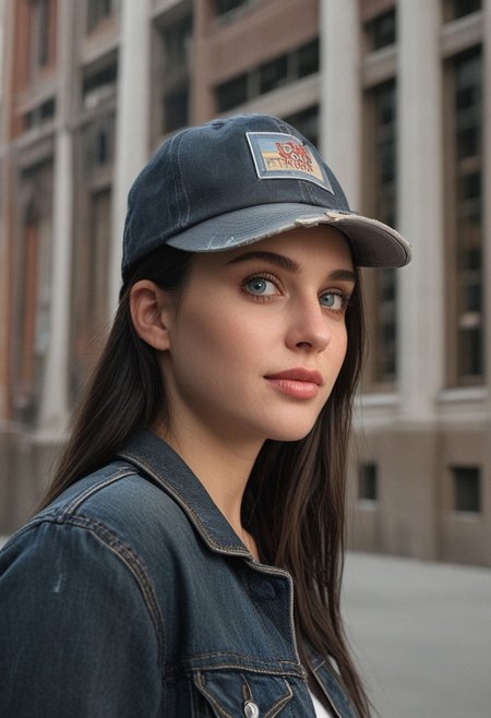 30yo woman posing for pic in front of tall building.
Blue eyes. small perfecteyes 
Wearing ripped Denim jacket red trucker hat
no makeup. Clear skin.  realistic skin style
Long dark black slick back hair. No makeup. Dusk, Street light. Looking at camera POV. Slight smile, tilting head.. Tilt head.
Medium Close Up shot. Bokeh. Bokeh light.