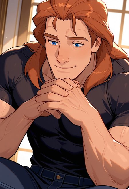 masterpiece,best quality,amazing quality,very aesthetic,absurdres,newest, huge filesize, Prince_Adam_BTB, 1man male focus, solo, auburn hair, blue eyes, lean and muscular, mature, long hair, strong, tall, manly, masculine, classy, soulful eyes,  artistic,  score_9, score_8_up, score_7_up, Masterpiece, Best Quality, beautiful eyes, detailed eyes, male focus, dynamic angle, male focus, solo, face focus, front view, gentle smile, standing, ((male)), ((mature)), ((adult)), handsome, sexy, ((slender)), ((pecs)), ((bara)), ((twunk)), Prince_Adam_BTB, 1man, auburn hair, blue eyes, Golden Hour Shot, facing camera, medium close-up, sitting down, hands clasped in front on his knees, black fitted t-shirt, dark denim jeans