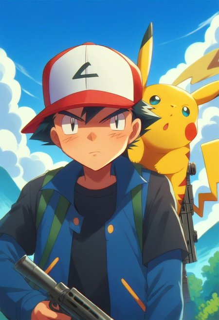 score_9, score_8_up, source_anime, highly detailed, 1boy, solo, skinny
ash3, 1boy, pokemon (creature), hat, male focus, baseball cap, black hair, day, on shoulder, jacket, shirt, black shirt, sky, determined, holding a Sniper Rifle,  laying on the ground
outdoor,
