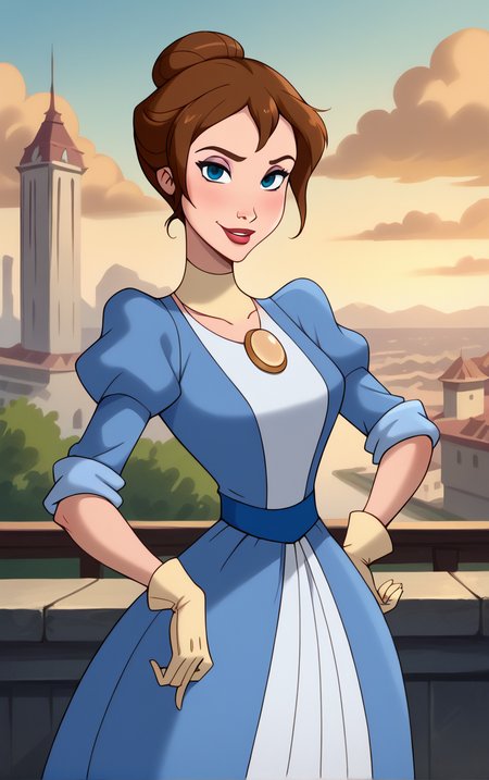 score_9, score_8_up, score_7_up, looking at viewer,  BREAK
BlueDress_JanePorter_ownwaifu, 
1girl, blue eyes, breasts, brown hair, single hair bun, short hair, makeup, lipstick, jewelry, hair bun, lips, necklace, red lips, 
blue dress, brooch, long dress, puffy sleeves, sleeves rolled up, turtleneck, yellow gloves, dress, gloves, juliet sleeves, white gloves, choker,
(contrapposto, hand on hip), sunset, sidelighting, cityscape, vanishing point, outdoors, <lora:PONYXL_Tarzan_JanePorter_ownwaifu:0.8> , depth of field, solo,