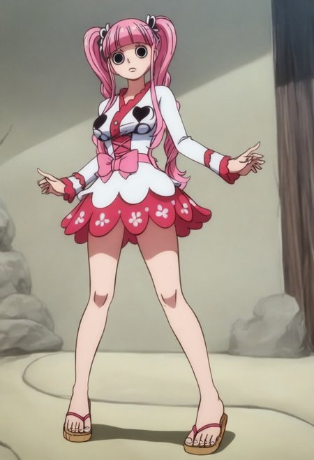 Perfect body, perfect face, masterpiece, best quality,amazing quality, absurdres, Perona, standing, dynamic pose, 1girl, sleeveless kimono, feet, toes, perfect feet, perfect toes, spread toes, pink toenails, sandals, (full body view), screencap