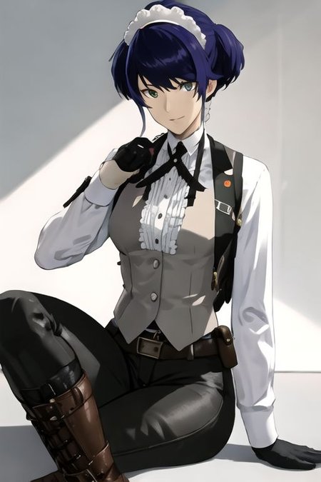 solo, 1girl, solo_focus, (((masterpiece))), ((best quality)), ((ultra-detailed)), ((too_many)):16, high resolution, absurdres, highres, ultra-detailed 8k unity wallpaper, 
kikunop3, maid headdress, vest, shirt, gloves, pants, boots, holster