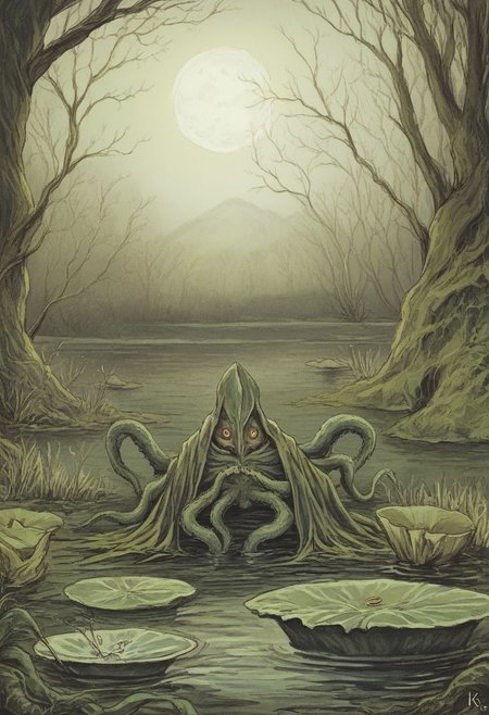 Score_9, in the style of Beatrix Potter, Cthulhu in a swamp, creepy moon