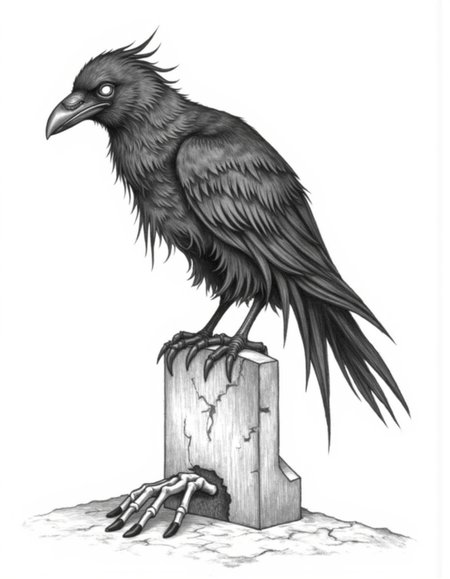 Halloween_Art_Style_Concept, A detailed black-and-white drawing of a raven perched on a broken tombstone. The raven’s eyes glow with a faint, eerie light, and its feathers are ragged, with a few falling off, as if decaying. The tombstone is cracked, and a skeletal hand reaches out from the ground beneath it. Shadows and textures give a dark, unsettling atmosphere.