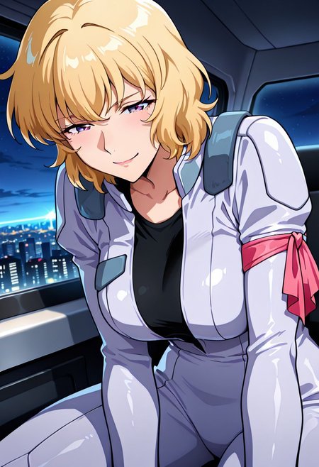 ((masterpiece, absurdres)), best quality, amazing quality, newest, 4k, anime coloring, very aesthetic, ray tracing, Smooth Quality, CG,city view,peggy, 1 mature female, blonde hair, short hair, pilotsuit, black t-shirt, arm ribbon, sitting