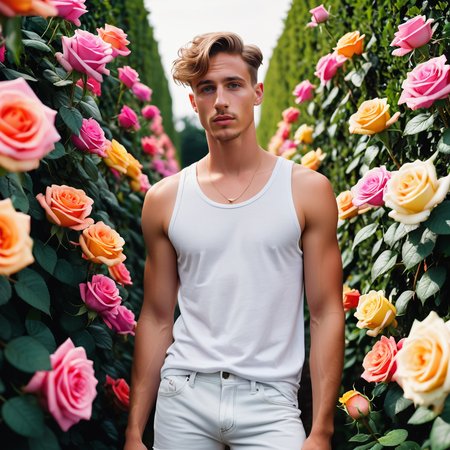 a tender intimate photo of a dumb fuckboy with a big nose, he's lost in a rose hedge maze, skintight white tank top, shorts, (rainbow colors). High contrast, minimalist, stark, dramatic