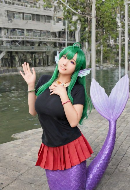 safe_pos, score_9, score_8_up, score_7_up, 1girl, high resolution, gorgeous, absurdres, best quality, photorealistic, realistic, cosplay photo, female focus, Izobel Seaweed, green hair, purple eyes, ahoge, side bangs, hair over breasts, large breasts, long hair, monster girl, mermaid, mermaid tail, head fins, purple tail, scales, Black t-shirt, red skirt, pleated skirt, shell necklace, bracelets, outdoors, city, smile, solo