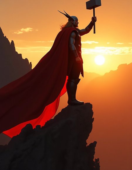 A superhero photograph capturing Thor standing on a mountain top during sunrise. The image is shot in stunning ultra-high definition with an absurd resolution of 64000 x 32000 pixels, resulting in highly detailed textures and intricate details. The composition style utilizes leading lines created by the mountain's terrain to guide the viewer's eye towards Thor, who is holding his hammer aloft, ready for battle.