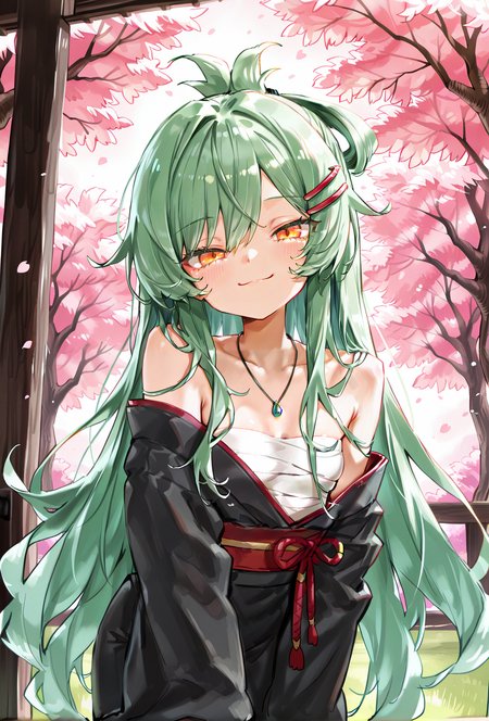 1girl, sensitive, (artist:sincos:0.4), (artist:deadflow:0.5), (artist:ao+beni:0.9), (artist:quasarcake:0.85), (artist:nanashi \(nlo\):0.1), (artist:tianliang duohe fangdongye:1), <lora:Suro:0.9>, small breasts, orange eyes, green hair, very long hair, japanese clothes, hairclip, wide sleeves, black kimono, chest sarashi, off shoulder, necklace, (cherry blossoms, smile, blush, pov, looking at viewer:1.3), masterpiece, best quality, amazing quality, very aesthetic, absurdres, newest, scenery, <lora:deal360acv illustrious 006:0.45>, <lora:dj_sloppa_ill_v2:0.2>, <lora:nyalia:0.35>
