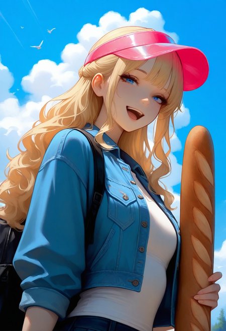 masterpiece, best quality, 1girl, solo, blonde hair, wavy hair, half updo, sidelocks, choppy bangs, blue eyes, smile, open mouth, looking at viewer, hand up, holding bread, baguette, visor cap, pink cap, transparent cap, t-shirt, white shirt, cropped jacket, denim jacket, black backpack, upper body, from below, dutch angle, blue sky, day, cloud, bird, stylized
