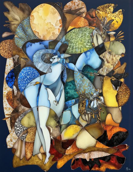 Art by Tigran Matulian. A large, abstract painting with a mix of vibrant colors and patterns, featuring a variety of shapes and textures that create a sense of depth and dimensionality. the painting is composed of a central figure in the center, surrounded by a multitude of smaller, overlapping shapes and patterns in shades of blue, green, yellow, and brown. the figure appears to be a woman with a slim body, wearing a blue dress with intricate patterns and designs, standing in the middle of the image. on the left side of the figure, there is a large, circular piece of fabric with a geometric pattern, and on the right side, there are smaller pieces of fabric in various colors such as yellow, orange, red, and black. the background is a dark blue, and the overall color palette is warm and earthy, with a focus on textures and patterns. the style is reminiscent of modern abstract art, with bold lines and vibrant colors that create an ethereal atmosphere.