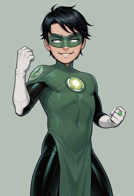 masterpiece, absurdres, high quality, perfect anatomy, 1boy, solo, cute boy, male focus, TaiPham, Black Hair, Green Lantern Ring, Green Lantern Costume, Green and Black Bodysuit, Green Domino Mask, White Eyes, White Gloves, Pelvic Curtain, shortstack, upper body, mecha musume, dynamic, dynamic angle, ((solo)), c7ilf, looking at viewer, smug face, parted lips, dynamic pose, fighting stance, cinematic, intricately detailed illustration, depth of field, masterpiece, best quality, amazing quality, very aesthetic, absurdres, newest, very awa,  shadow, dynamic angle, casual cosplay, simple background,
