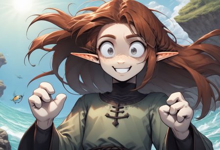 Lapanya, 1 person, solo, pointy ears, ((snout nose)), flat chest, light skin, freckles, tall, ((gray eyes, gray irises)):1.2, ((smiling, friendly expression)), auburn hair, long hair, several strands of hair sticking straight up, back-length hair, average build, small nostrils, ((3 fingers 1 thumb)), baggy long-sleeve green tunic, ((blue breeches))
Falling from the sky, falling down, falling headfirst, nosedive, midair, falling towards the ocean, wide eyes, wild expression
Clouds above, ocean below
clean lines, up close, upper body focus, highly detailed face, high quality, best quality,  score: 9, score: 8 up, rating: safe