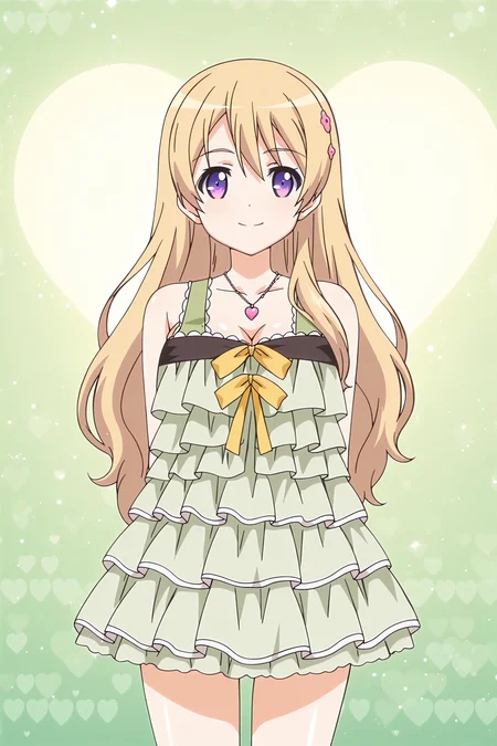anime screencap, anime coloring, detailed face, masterpiece, best quality, very aesthetic, absurdres, volumetric lighting, official style, amazing quality, ultra detailed,  highres, amazing quality, scenery, beautiful detailed hair, beautiful detailed eyes,
<lora:StS-Illustrious-Detail-Slider-v1.0:4>
 <lora:Eroge_H_mo_Game_mo_Kaihatsu_Zanmai_-_All_characters_in_one_model_-_Kisara_Himeno_Momoka_Fujiwara_Iori_Kousaka_Nene_Sonono_Reina_Otori_Remon_Aizawa_Tomoya_Mochizuki:1>,
Momoka Fujiwara (character), Momoka's default clothing (outfit), 1girl, solo, purple eyes, long hair, blonde hair, jewelry, arms behind back, heart, necklace, yellow ribbon, green background, hair ornament, heart background, dress, frills, looking at viewer, smile, cowboy shot