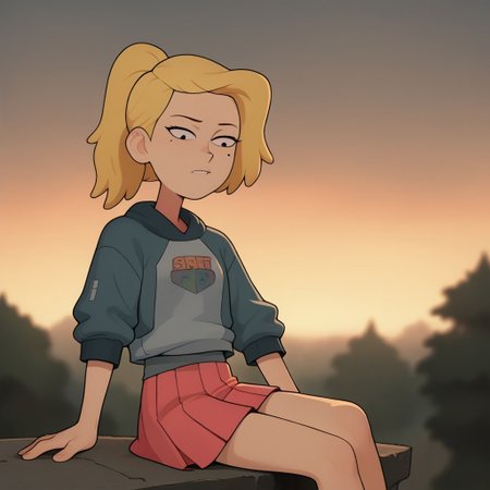 score_9, score_8_up, score_7_up, Loodncrood, 1girl, sasha waybright, blonde hair, ponytail, black eyes, mole under eye, grey hoodie, blue shirt, logo on shirt, pink skirt, pleated skirt, denim jacket, sunset, sitting on a cliff edge, trees