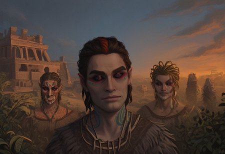 group, bosmer, male and female, scarred warriors, hardened expressions, gritty realism, aged yet resilient, primal, feral energy, semirealistic, 54 years old (male), 28 years old (female), asymmetrical beauty, nordic features, aztec features, weathered skin, blood-streaked tattoos, ochre-stained war paint, tribal warriors, unkempt but elegant, animal pelts, bone armor, sinew-wrapped weapons, tense and alert stances, deep conversation, glowing ember eyes, dark violet sclera, reptilian pupils, hyperdetailed faces, expressive emotions, dramatic lighting, cold mountain terrain, misty cliffs, snow-dusted trees, ancient ruins in background, overgrown vines, looming storm clouds, cinematic composition, detailed realism, intense visual storytelling