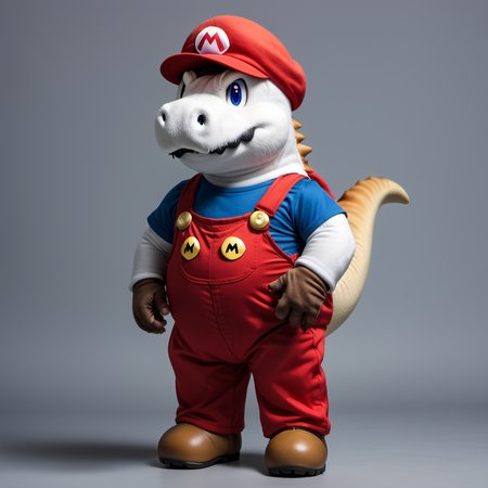 <lora:person_XL_chonkasaurus:0.75> photograph of a very small (chonkasaurus:1), (large mustach:1.2), dressed up as super mariom wearing a red dungarees and a cap with the letter "M" on it, (in super mario land:1.25)