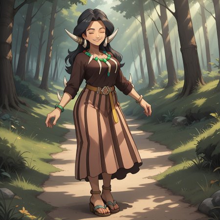 score_9, score_8, BREAK, solo, Drasna_(Pokémon), closed eyes, long black hair, tribal horns, mature female, tooth_necklace, tooth_bracelet, yellow belt, vertical-striped skirt, brown shirt, long sleeves, thick eyebrows, anklets, high heel sandals, self portrait, smile, looking at viewer, outdoors, sunlight, shadows, evening lighting, natural lighting, forest, trees, grass, orange sky, sunset