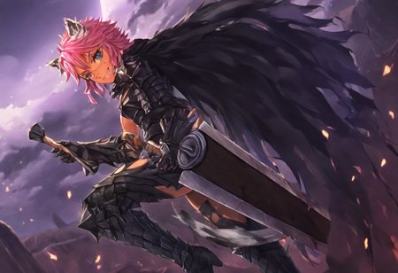 masterpiece, very aesthetic, anime screenshot, 1girl, Pink_PonyXL, DragonSlayerSword-Il.V1.0, black armor, shoulder armor, gauntlets, greaves, bandaged arm, black cape, torn cape, bright pink hair, cat ears, scar on nose, cat bell around neck, tanned, white tiger tail, small breasts, femine body, smiling, making a cute cat face, single fanged tooth showing, standing, looking at viewer, side view, wielding-dragonslayer, huge weapon, sword, holding sword, holding weapon, full body, zoomed in on pink_ponyxl, Dutch angle, cowboy shot 
Break
City of hyrule on fire, at night