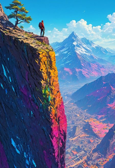 artwork, amine, cyberpunk, a climber on top of a mountain beautiful landscape, noon, very intricate, very detailed, sharp, bright, colorful,