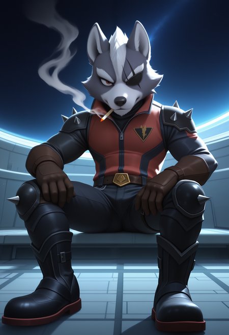 masterpiece,best quality, amazing quality, 1boy, solo, wolfSF, wolf boy, eyepatch, star red vest, star spiked pauldrons, star black pants, star black boots, star knee pads, star brown gloves, smoking,

 
space, space ship, 