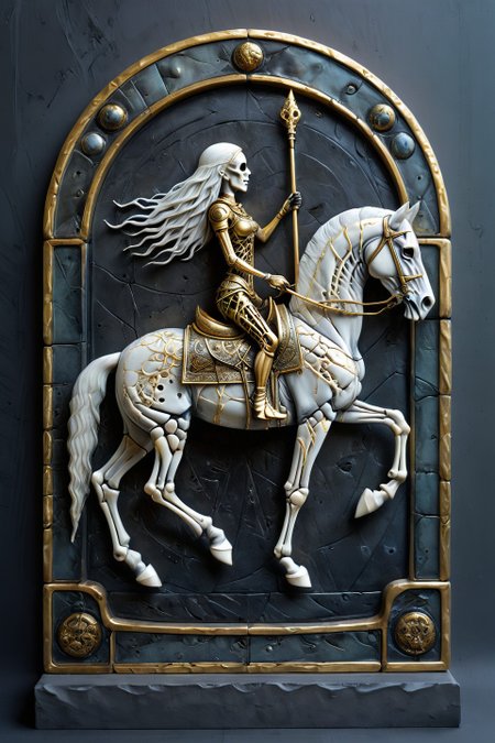 award-winning fine translucent tile, a mature Australian Tarot Armoured Skeleton riding on a pale horse, textured gold filigree inlays, intricate, very detailed <lora:artfullyENGRAVED_SDXL_V1:0.5> <lora:sdxl_glass:1>