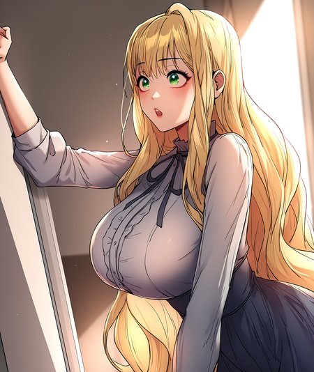 masterpiece,best quality,newest,absurdres,highres,<lora:noobai_ep11_stabilizer_v0.138_fp16:1>,<lora:Pak Hain:1>,pak hain,blonde hair,very long hair,green eyes,virgin killer outfit,