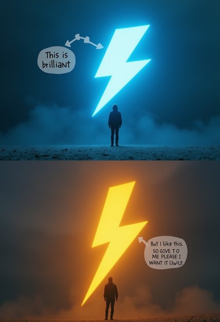 The image a surreal photograph shot slightly from the side and is split into two section. the top section shows  two lightning bolt icons. one is completely blue and one orange-yellow. a person is standing in front of the blue lightning bolt icon with a speech bubble saying "This is brilliant".
The bottom section shows the same blue and yellow lightning bolt icons with the same person but this time standing in front of the orange-yellow lightning bolt icon with a speech bubble saying "But I like this. SO GIVE IT TO ME PLEASE I WANT IT UwU".
both lightning bolt icons are floating, have soft edges and there is an ominous aura around them.
the text in the speech bubbles is clear, large and readable.
