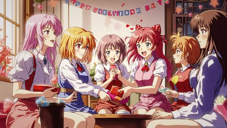 This dynamic scene captures the lively essence of Galentine's Day/ with an array of colorful anime waifus gathered in a cozy setting exchanging heartfelt presents. The image showcases the characters' unique personalities through their expressions and body language while they share laughter and cheer against a warm/ festive backdrop. The atmosphere radiates warmth and camaraderie/ inviting viewers to join this delightful celebration of friendship and love. Anime/ Galentine's Day Celebration/ Gift Exchange/ Lively Atmosphere.
