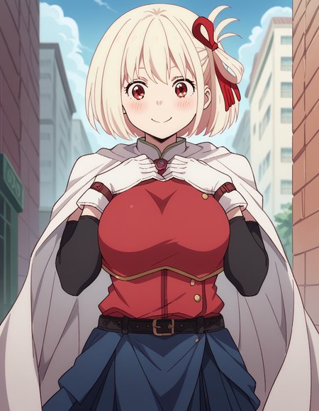 score_9, score_8_up, score_7_up, source_anime, chisatonishikigi, <lora:chisato-nishikigi-s1-ponyxl-lora-nochekaiser:1>, chisato nishikigi, short hair, bangs, blonde hair, red eyes, hair ribbon, one side up, bob cut, large breasts,, <lora:miki-sayaka-cosplay-ponyxl-lora-nochekaiser:1>, miki sayaka cosplay, miki sayaka (cosplay), belt, black sleeves, blue skirt, cape, cosplay, dress, gloves, gem, skirt, sleeveless, sleeveless dress, white cape, white gloves,, streets, outdoors, smile, blush, hands on own chest, cowboy shot, looking at viewer,