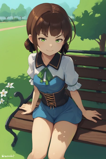 score_9, score_8_up, score_7_up, score_6_up, source anime, BREAK, looking at viewer, outdoors, (smug smirk), plant, flower, <lora:DuvalieCasualC:0.85> , Duvalie, green eyes, brown hair, hair ribbon, hair bun, medium breasts, thick thighs, <lora:1e2_r1:1> , 1e2, sitting, bench, park,  <lora:TripleVexx:1> , source_cartoon, young, flat chest, uncensored,