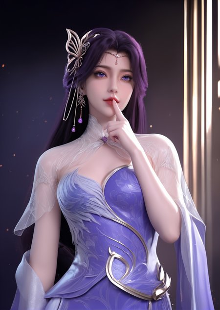 looking_at_viewer,cowboy_shot,finger_to_mouth,1girl,solo,dress,hair ornament,portiart,from front,masterpiece,(best quality),official art,extremely detailed cg 8k wallpaper,((crystalstexture skin)),(extremely delicate and beautiful),solo,realistic,photo_\(medium\),hiqcgbody,purple eyes,chinese background,<lora:äºæ¦_V2-000001:1>,eye-contact,(smile:0.6),jewelry,purple with white waistband,