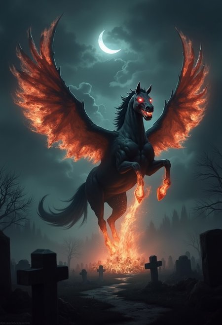Ultra-realistic digital painting.  Fantastical spectral black horse with wings made of fire and flaming hooves, mane and tail, and eyes that glow with flame, emerging from a magical portal and charging towards the viewer, as it flies through the midnight sky. The sky is black and illuminated only by the flames and moon, The horse looks agressive and is extremely intimidating, with foaming mouth and eyes of rage.
The scene is surreal as the pegasus emerges from the portal into a foggy graveyard, with a crescent moon peaking from behind the clouds,