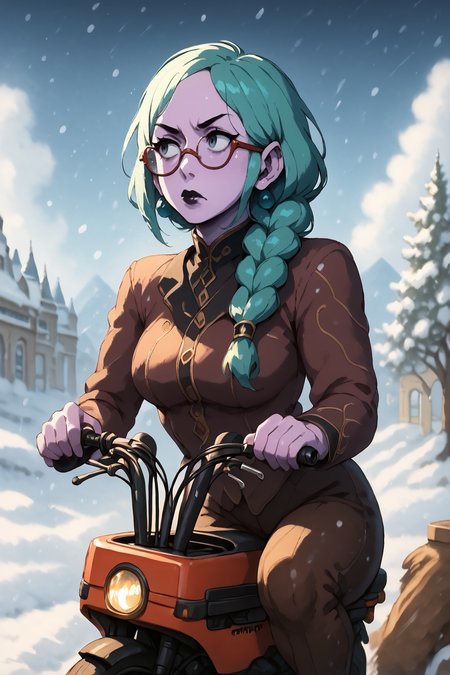 purple skin, teal hair, big round cheery red glasses, colored glass glasses,  bored look in her eyes,  sparkly black lipstick, hair sticks, hair in braid,  <lora:RD-MAnon-XLV1.1:1>, inf front of a café looking out over a artic snow field, ((motocompo)), solo, standing, behind  <lora:motocompo_detailed:1.5> ground vehicle, riding motocompo, , source_anime, score_9_up, score_7_up, score_8_up
