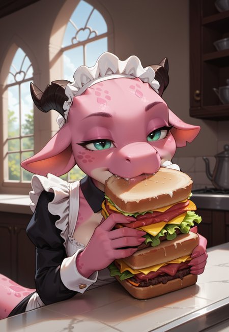 safe_pos, score_9, score_8_up, score_7_up, source_furry, source_fantasy, highres, high quality, perfection, masterpiece, detailed, aesthetic, well-lighted,
indoors, mansion, kitchen, fancy interior, 
1girl, solo, (face focus:1.2), (close-up:1.2),
scalie female, (anthro kobold girl:1.2), shortstack, short stature, :3, pink scales, pink skin, patterned skin, black pattern, black dragon horns, beautiful girl, cute girl, youthful, young, medium breasts, (no hair, hairless, bald), beautiful face, detailed face, perfect eyes, detailed eyes, green eyes, long tail,
maid outfit, cleavage,
mouth hold, open mouth, biting, chewing, sandwich in mouth, hungry, holding sandwich, looking at sandwich, half-closed eyes, (saliva: 1.3),