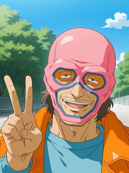 general,highres, ultra-detailed,very aesthetic,best quality ,best hands,  BREAK <lora:Minami_Nadeshiko_OVA_IS:1> Itou_Kisaku_OVA, 1boy,solo, pink mask, male focus, black eyes, old man, 
outdoor, day, sky, happy, v,