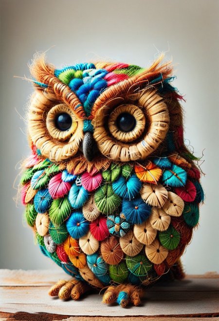 patchwork owl, pamcocomat owl, stitched together with vibrant flair, cozy, ptchkrawk,made of coconut,
best quality, masterpiece,