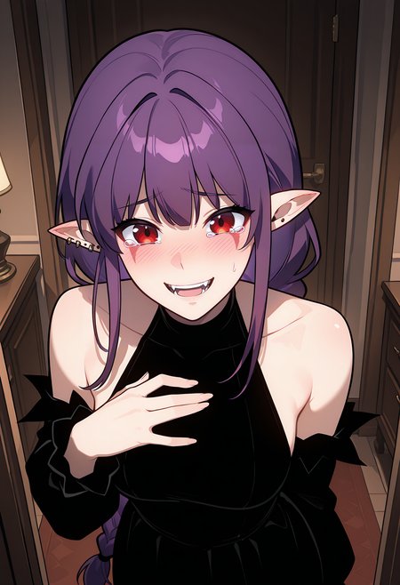 highres, best quality, masterpiece, indoors,
1girl, solo, slresil, long hair, purple hair, red eyes, pointy ears, braided ponytail, earrings, ear piercing, facial mark, fangs,
black dress, flat color clothes, halterneck, bare shoulders, sleeveless, detached sleeves,
looking at viewer, blush, smile, embarrassed, tearing up, open mouth, 
standing, hand on own chest, 
<lora:_esil_radiru-elesico-ilxlMd-000018:1>