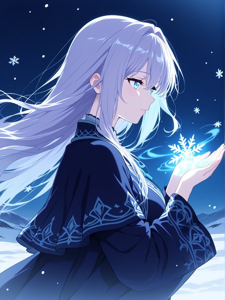 masterpiece, anime style, best quality, amazing quality, 4k, 8k, highres, cinematic scene, side view,

anime-style, enchanting female mage casting a snow spell, surrounded by swirling magical snowflakes, long light lavender hair, glowing pale blue eyes, wearing a detailed dark velvet cloak with frost-like patterns, night snowy landscape background, bluish ambient glow, focus on her pose and magic effect, fantasy aesthetic, forshortening, dynamic pose