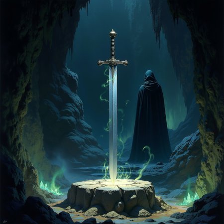 A detailed image of a long one-handed medieval sword lying horizontally on a stone pedestal deep within an ancient, mystical cave. The straight, double-edged blade is polished to a mirror finish with a long fuller. The simple crossguard made of alloy steel is slightly tarnished. The handle is wrapped in a textured stone, and the heavy pommel balances the sword. Above the sword, a mysterious figure in a cloak stands, hooded, with its face hidden in darkness. The figure exudes an aura of mystery and anticipation. The cave walls are lined with luminescent crystals that cast a magical glow over the scene. Wisps of magical energy swirl around the sword, and shadows dance along the cave walls, with the entire scene bathed in a soft, otherworldly light.