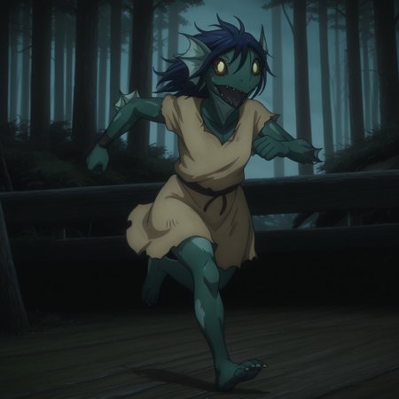 masterpiece, best quality, amazing quality, masterpiece, best quality, amazing quality, FishmanslfIL, anthro, green skin, blue hair, head fins, black sclera, yellow eyes, torn clothes,  tan tunic, running, front view, forest