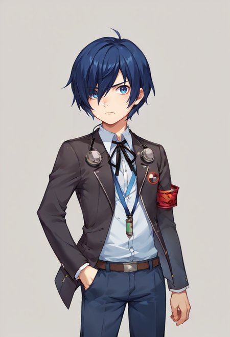 score_9, score_8_up, score_7_up, source_anime, BREAK, solo, 1boy,  <lora:DDLC-pdxl_Fp:0.8>, standing, simple background, looking at viewer, cowboy shot, <lora:MakotoP3-pdxl_Fp:1>, makotop3, school uniform, gekkoukan high school uniform, headphones, blue hair, blue eyes, short short hair, black jacket, black pants, hair over one eye, black pants, frown, hand in pocket, armband,