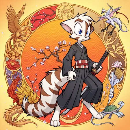Mace, Dreamkeepers, anthropomorphic, feline-like, spiky hair, tail, muscles
solo, blue eyes, black nose, Digitigrade,
,<lora:Dreamkeepers_Mace_Illustrious:0.8>,
score_9, score_8_up, 
1boy, source_furry, masterpiece, best quality,  perfect eyes, amazing quality, male,  masterpiece, best quality, highres,   digital artwork, fantasy anime style, young woman, elaborate updo, golden hairpins, small ornaments, traditional Japanese kimono, black kimono, intricate floral patterns, geometric patterns, colorful patterns, long sleeves, puffed sleeves, wide decorative sash, katana, ornate sword hilt, tattoos, elaborate tattoos, gold and red tapestry, stylized dragon, mystical symbols, elegance, strength, traditional Japanese aesthetics, modern fantasy twist, kimono patterns, Japanese geometric patterns, seigaiha, asanoha, yagasuri, same komon, tatewaku, kikkô, shippo, kanoko, chrysanthemum, karakusa, sakura, tsubaki, pine, bamboo, plum, crane, turtle, phoenix, folding fan,