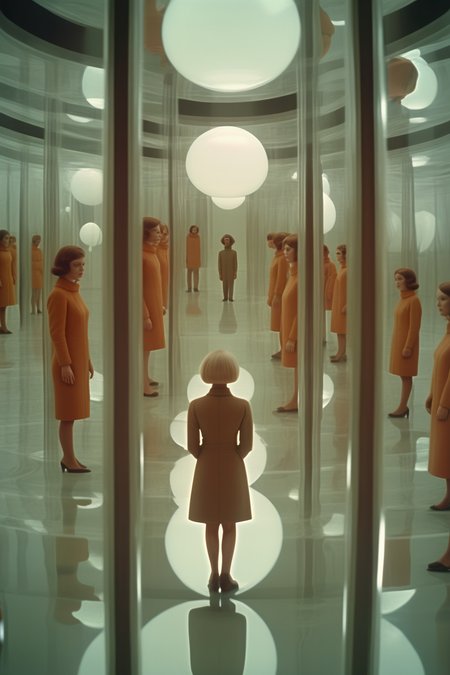 <lora:Director Stanley Kubrick style:1>Director Stanley Kubrick style - Simplicity, Film still, 2060s, Real photo, realistic photograph, Scientific and technological sense, Symmetrical composition,  reality, The era of virtualization, Floating transparent screen, Realism, futurism, high quality, best quality, 16k