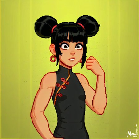 masterpiece,best quality,amazing quality, artist: melkor,, (artist: incase:0.7), 1girl, petite asian girl, black hair, (asymmetric short messy style, double bun), hime cut, fruit loop earring